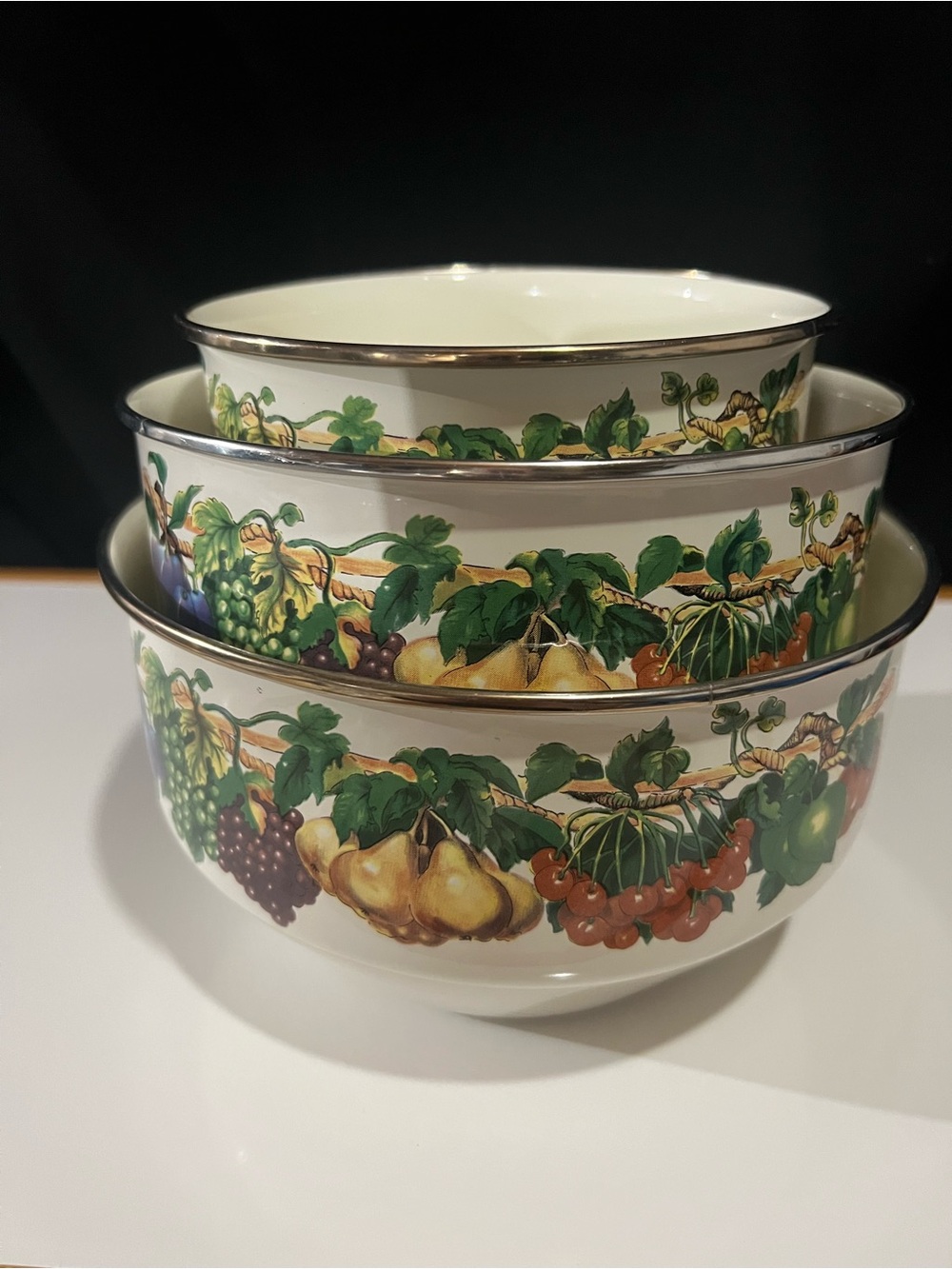 Set of 3 Vintage Fruit Motif Ceramic Bowl - Cream with Multicolor Fruit Border